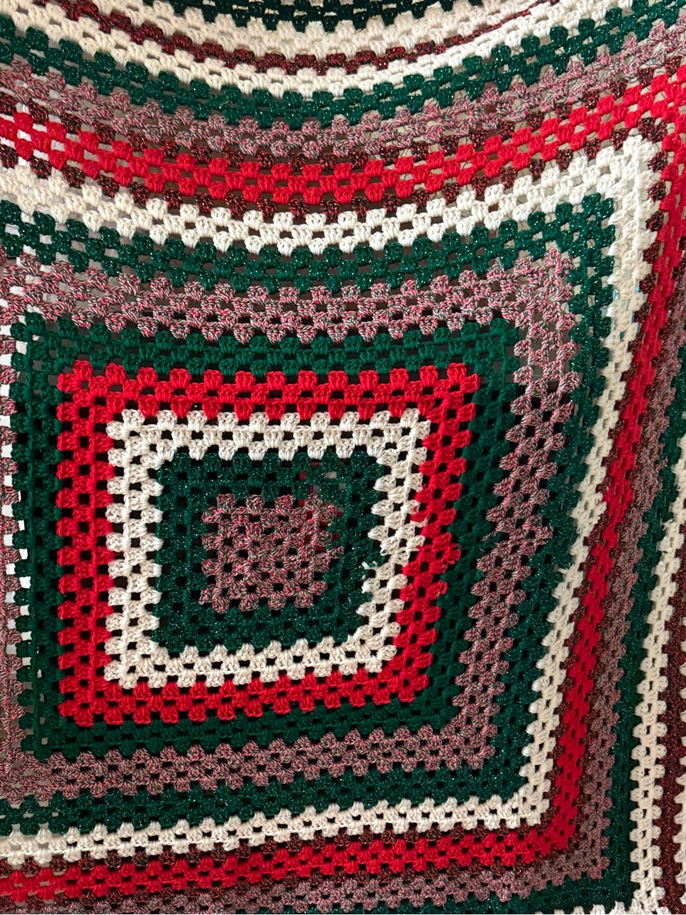 Handmade Crochet Square Throw - Green, Red, Cream, Mauve- Christmas Afghan 72x72